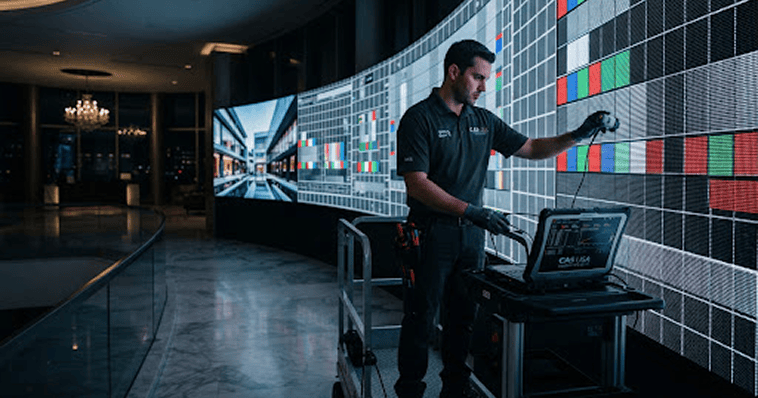 CAS technician calibrating a curved LED video wall in a hotel lobby