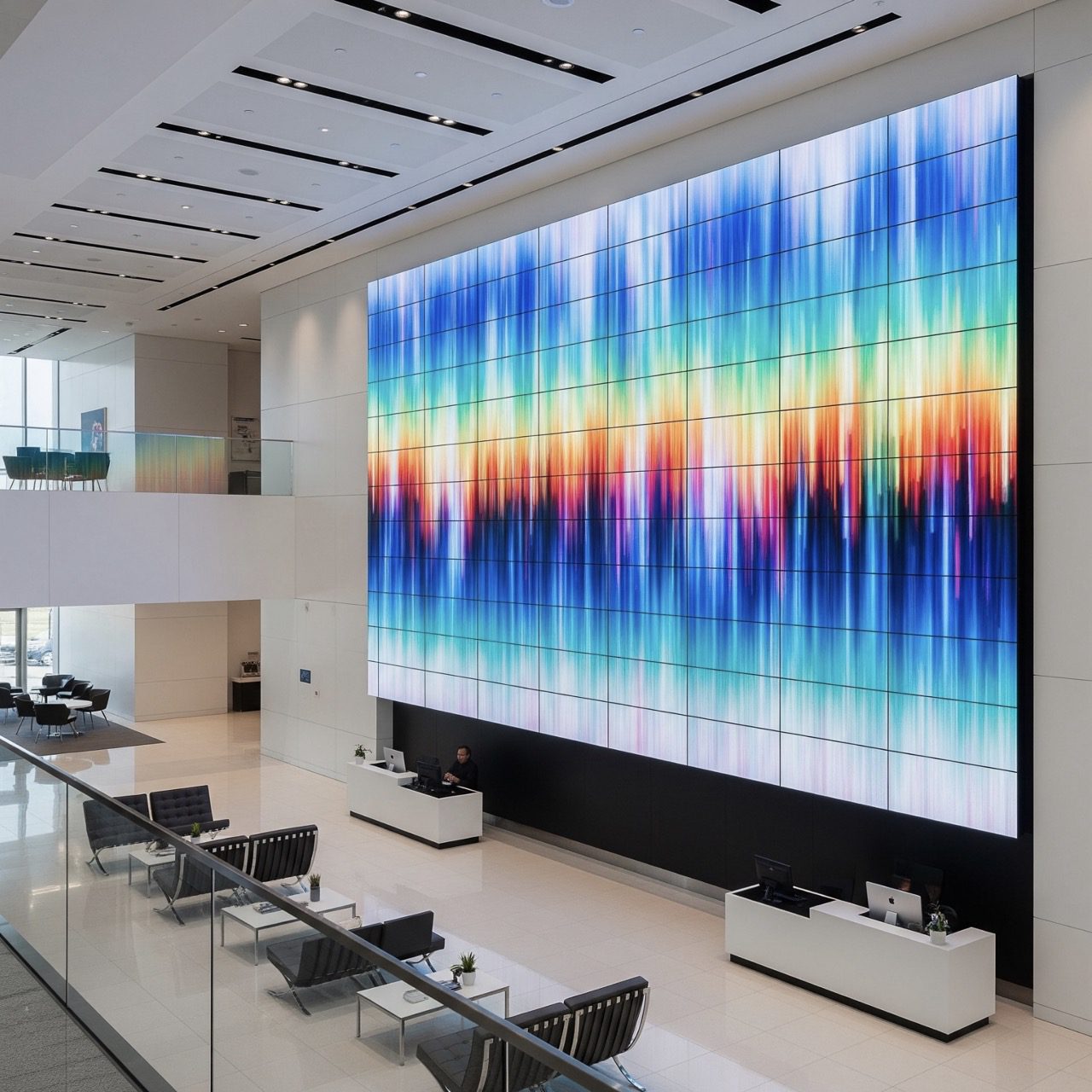 Residential media room with a large LED display above a low console